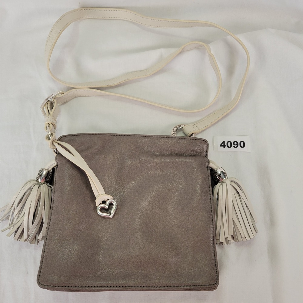 Brighton Gray Leather Crossbody Bag Heart Charm Tassel Strap